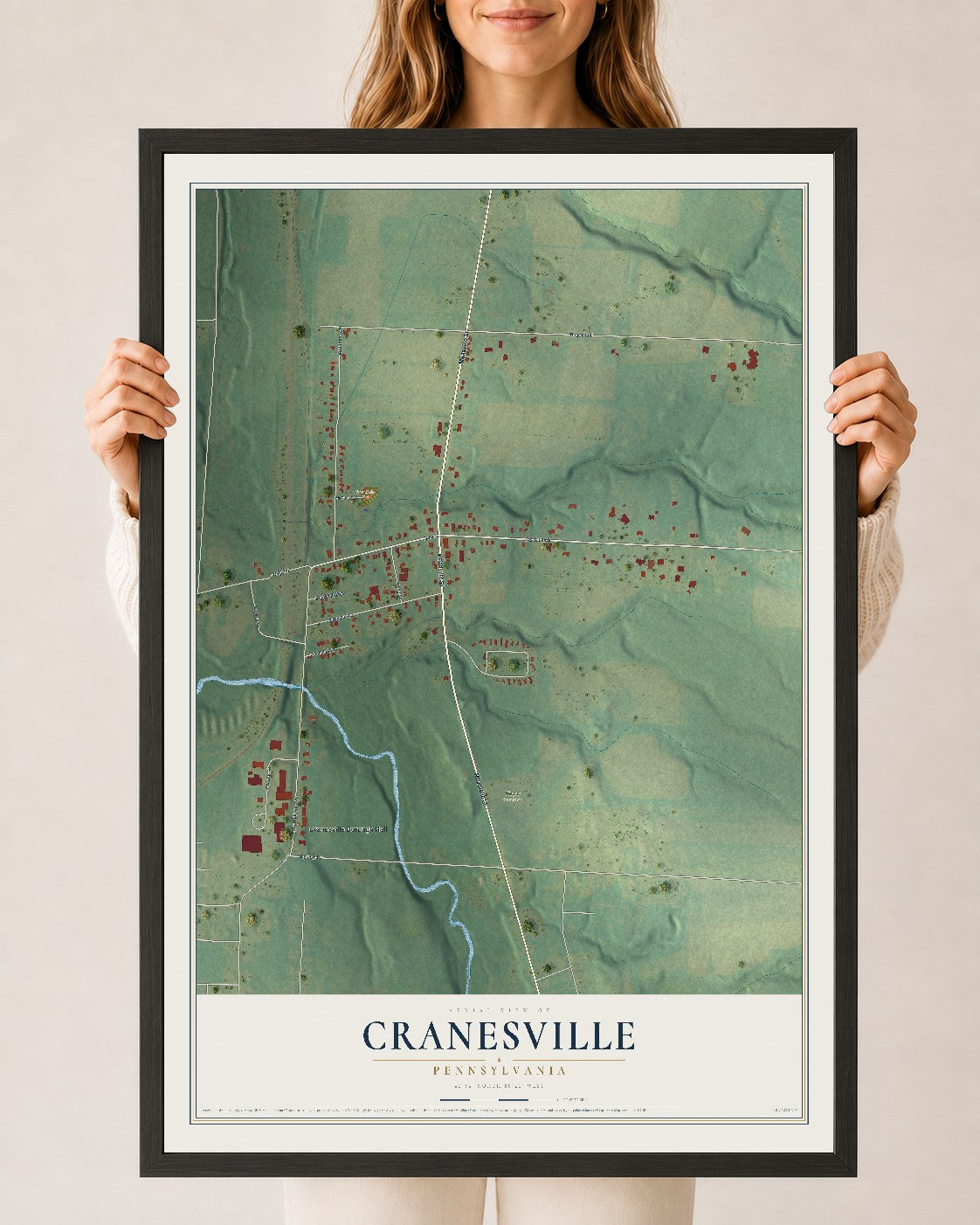 Map of Cranesville, Pennsylvania, 24 x 36 inch print in a black wood frame