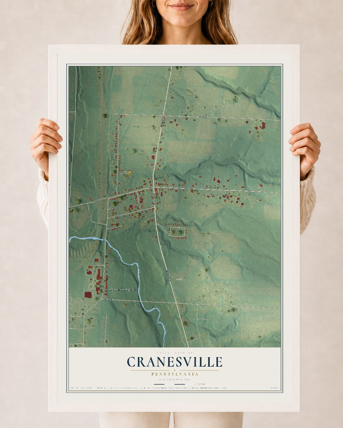 Map of Cranesville, Pennsylvania, 24 x 36 inch print in a white wood frame