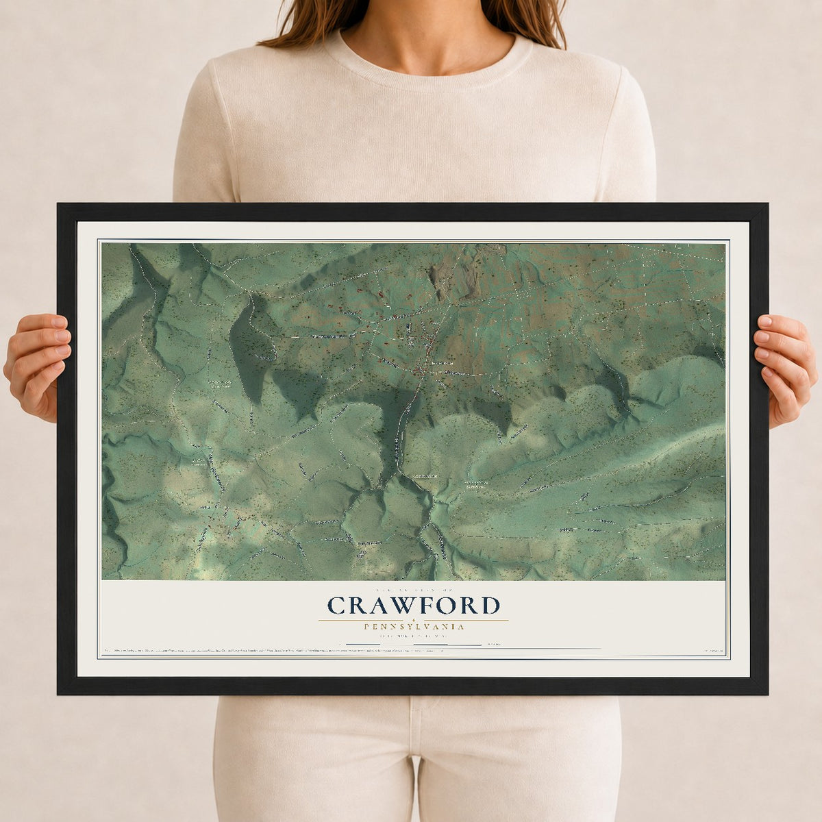 Map of Crawford, Pennsylvania, 12 x 18 inch print in a black wood frame