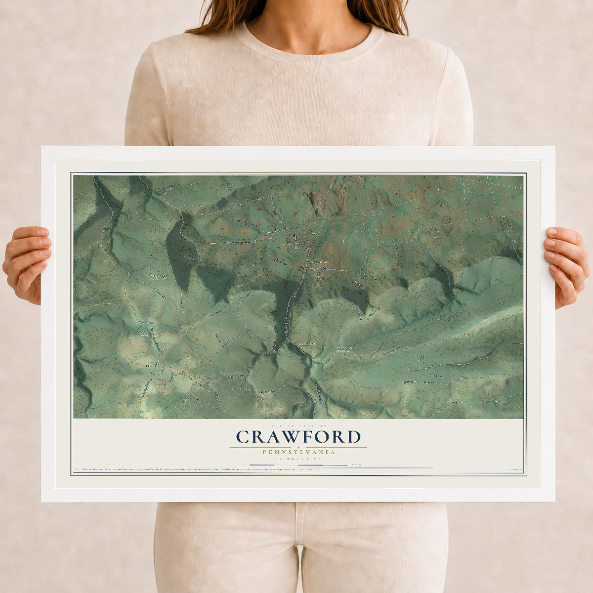 Map of Crawford, Pennsylvania, 12 x 18 inch print in a white wood frame