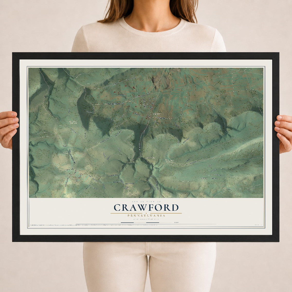 Map of Crawford, Pennsylvania, 18 x 24 inch print in a black wood frame