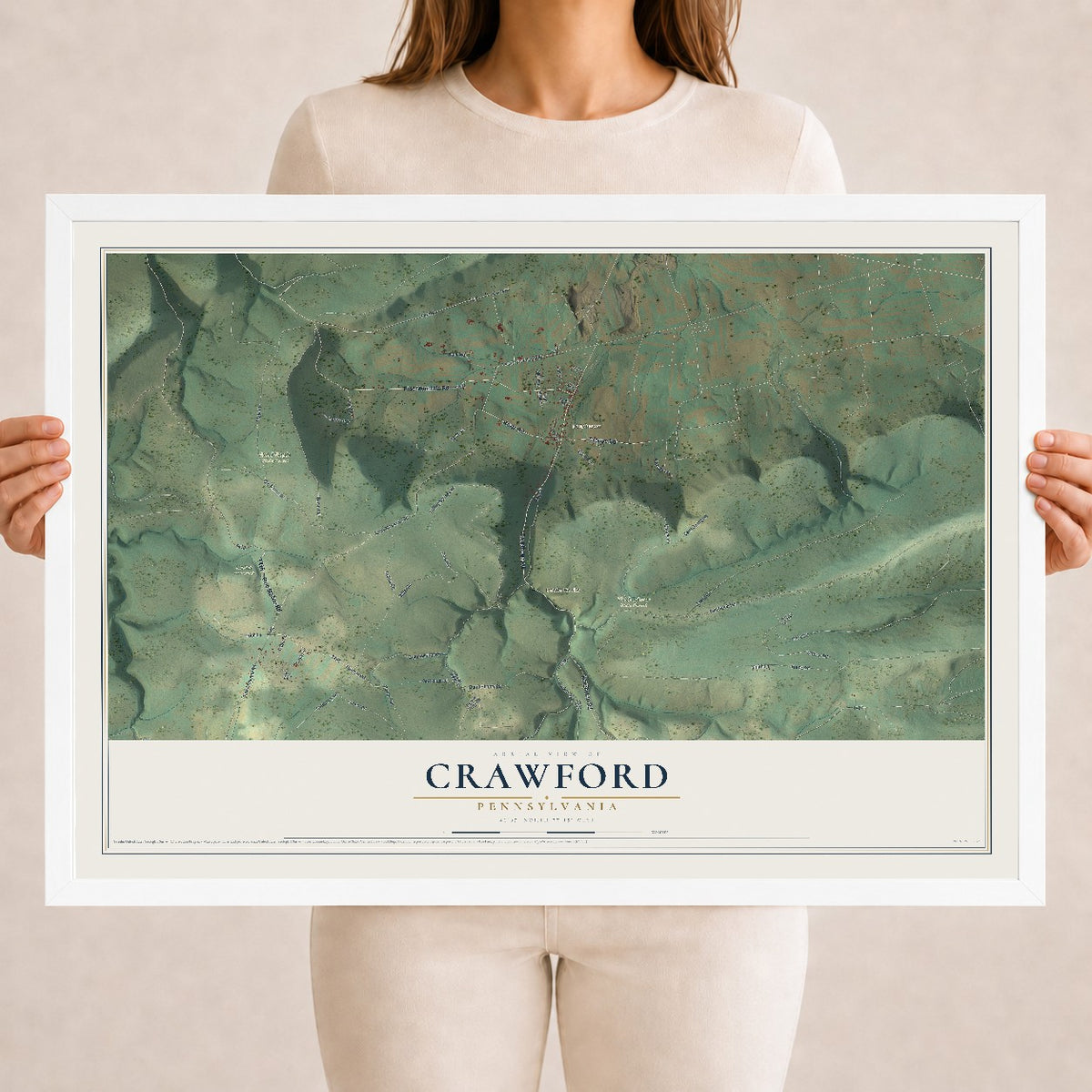 Map of Crawford, Pennsylvania, 18 x 24 inch print in a white wood frame
