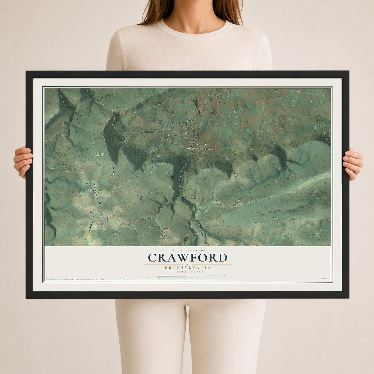 Map of Crawford, Pennsylvania, 24 x 36 inch print in a black wood frame