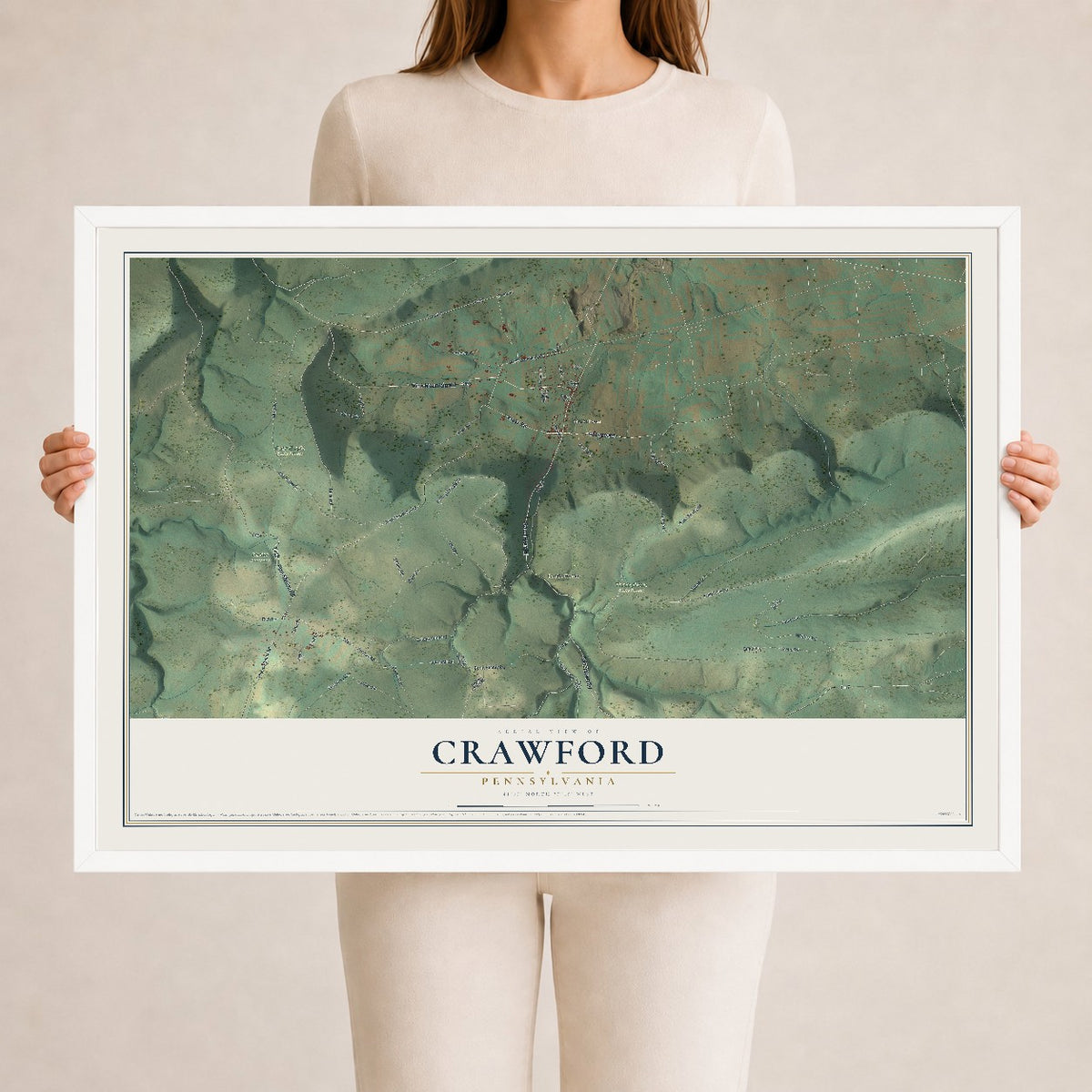 Map of Crawford, Pennsylvania, 24 x 36 inch print in a white wood frame