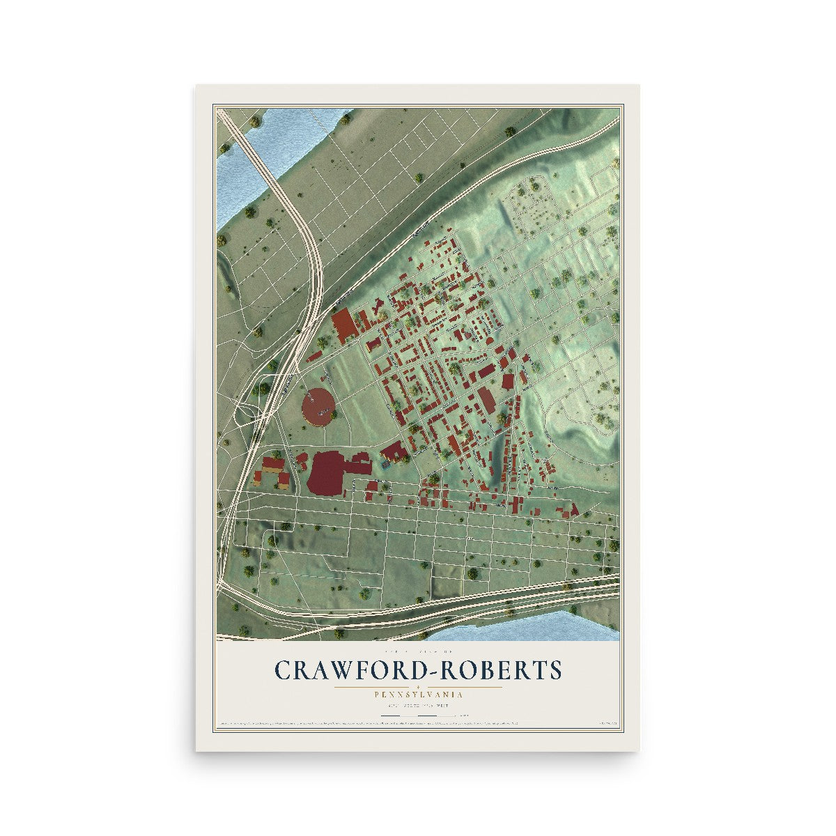Map of Crawford-Roberts, Pennsylvania, 12 x 18 inch unframed archival matte print