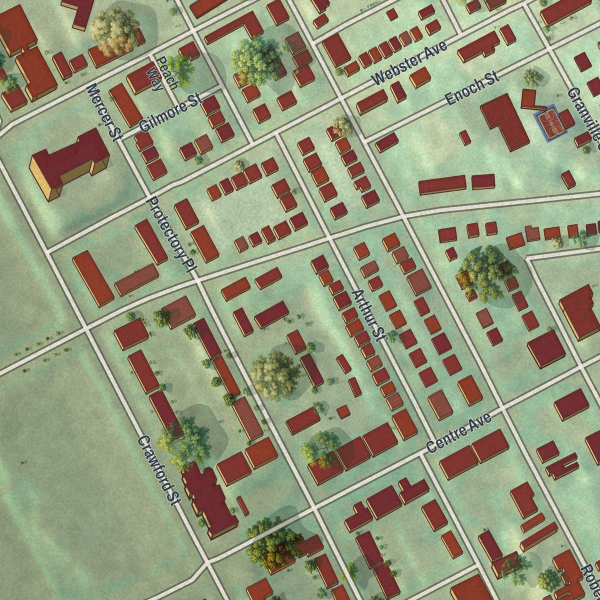 Close-up of the map of Crawford-Roberts, Pennsylvania print showing street and building detail