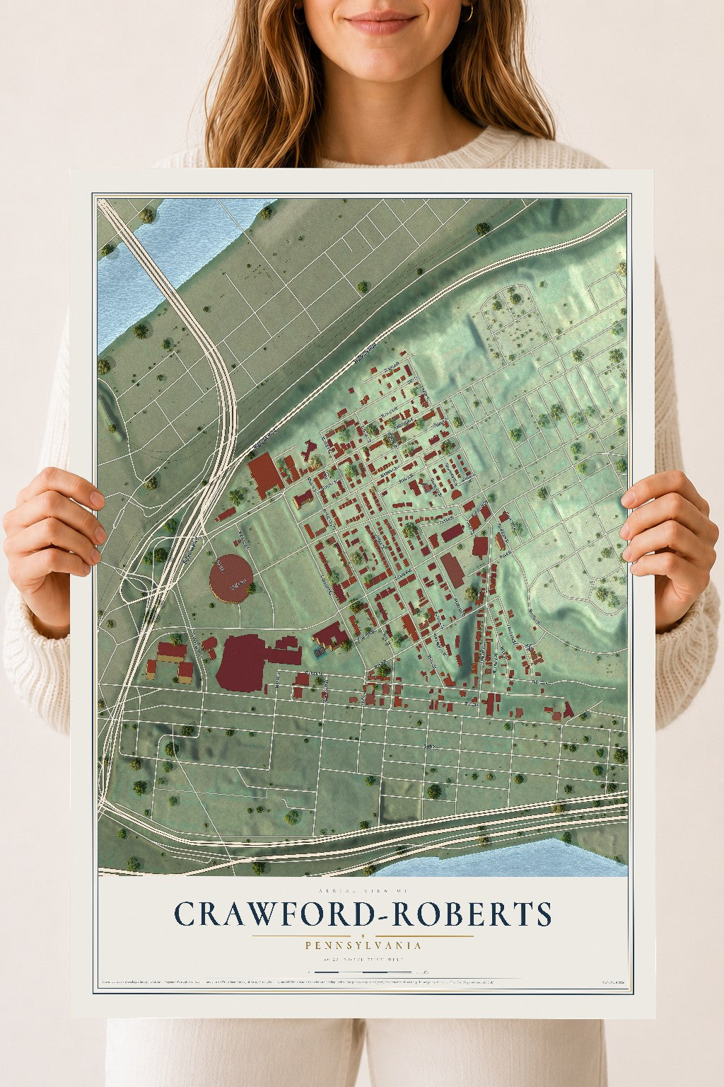 Map of Crawford-Roberts, Pennsylvania, 18 x 24 inch unframed archival matte print