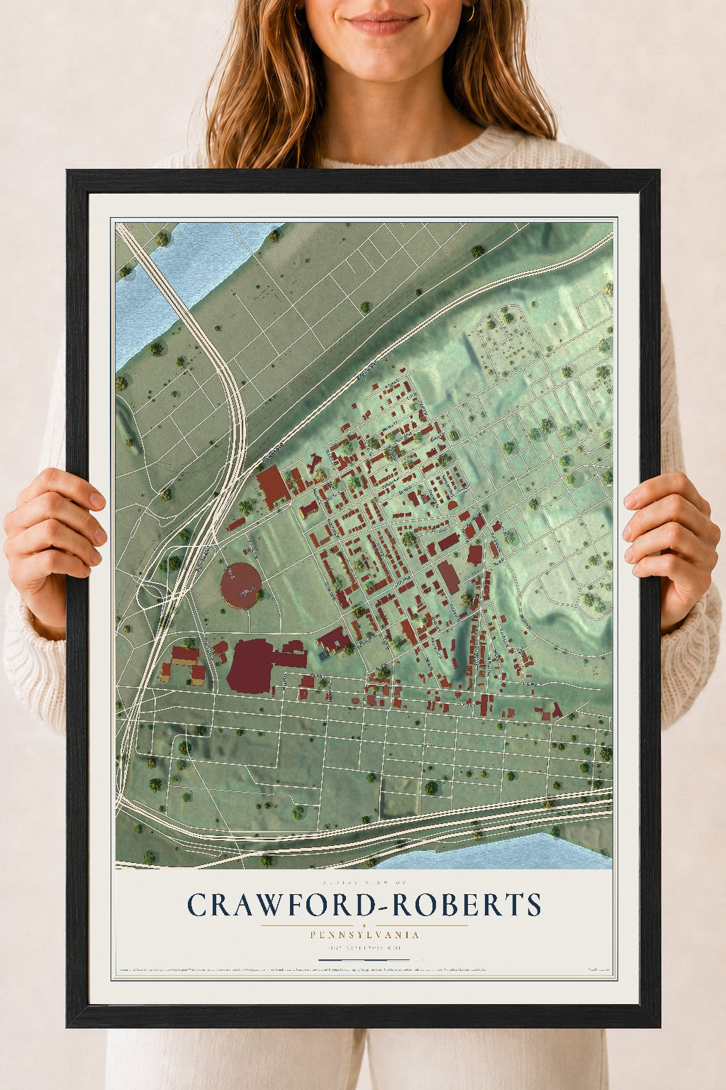 Map of Crawford-Roberts, Pennsylvania, 18 x 24 inch print in a black wood frame