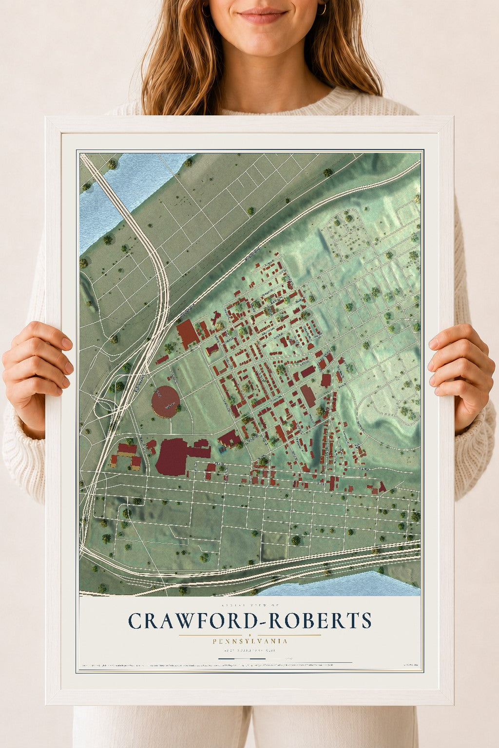 Map of Crawford-Roberts, Pennsylvania, 18 x 24 inch print in a white wood frame