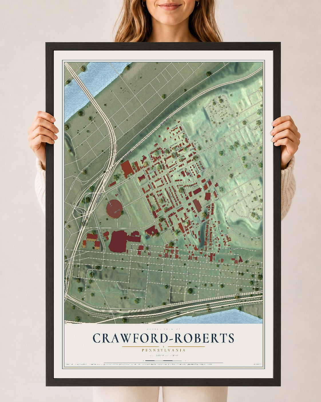 Map of Crawford-Roberts, Pennsylvania, 24 x 36 inch print in a black wood frame
