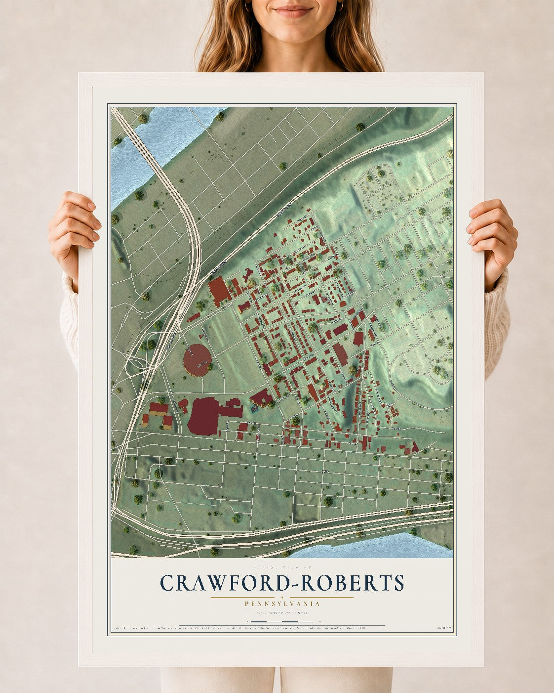 Map of Crawford-Roberts, Pennsylvania, 24 x 36 inch print in a white wood frame