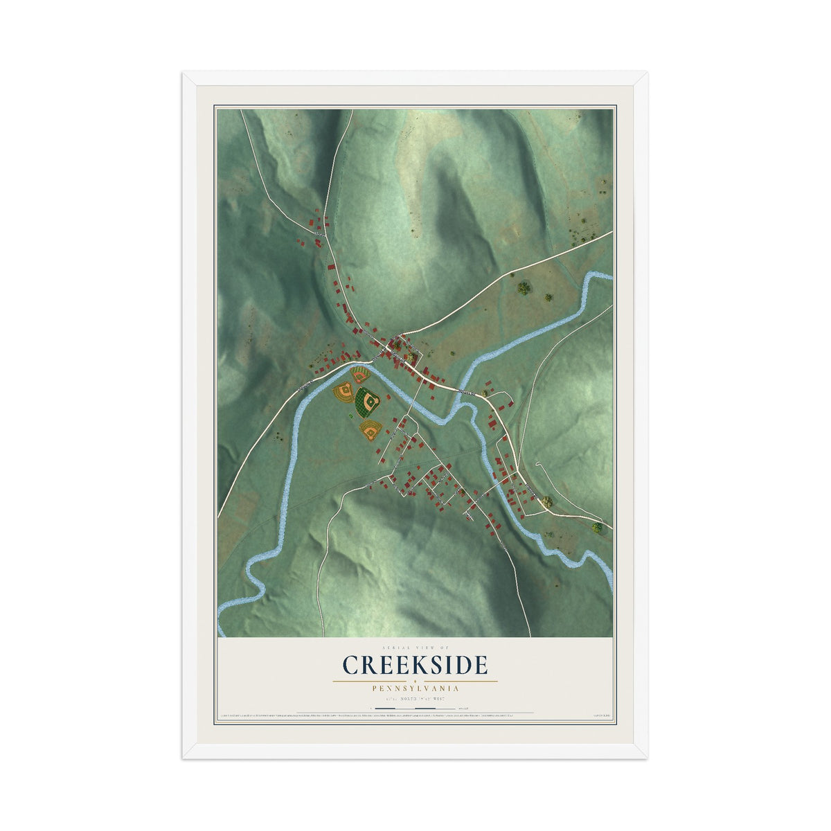Map of Creekside, Pennsylvania, 12 x 18 inch print in a white wood frame