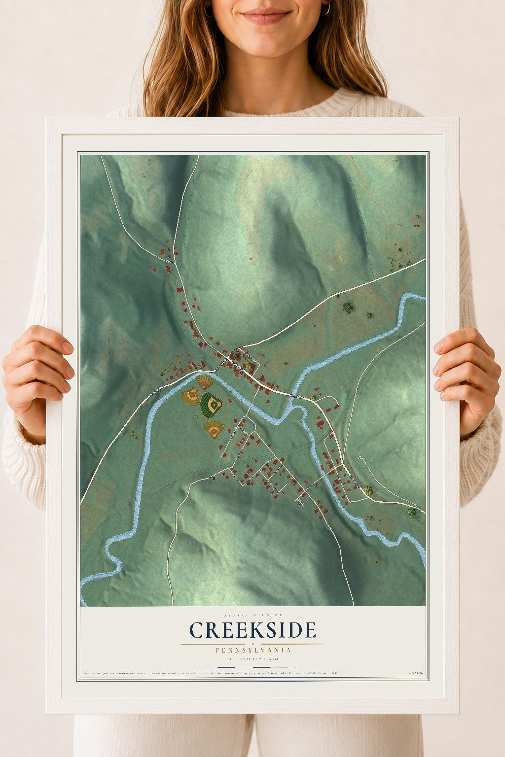 Map of Creekside, Pennsylvania, 18 x 24 inch print in a white wood frame