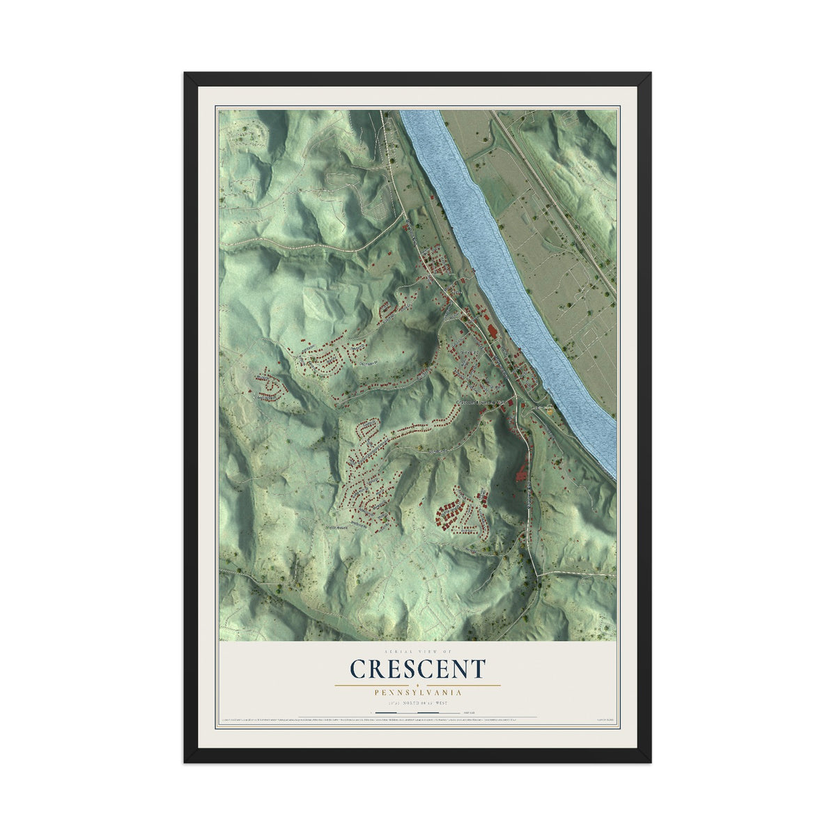 Map of Crescent, Pennsylvania, 12 x 18 inch print in a black wood frame