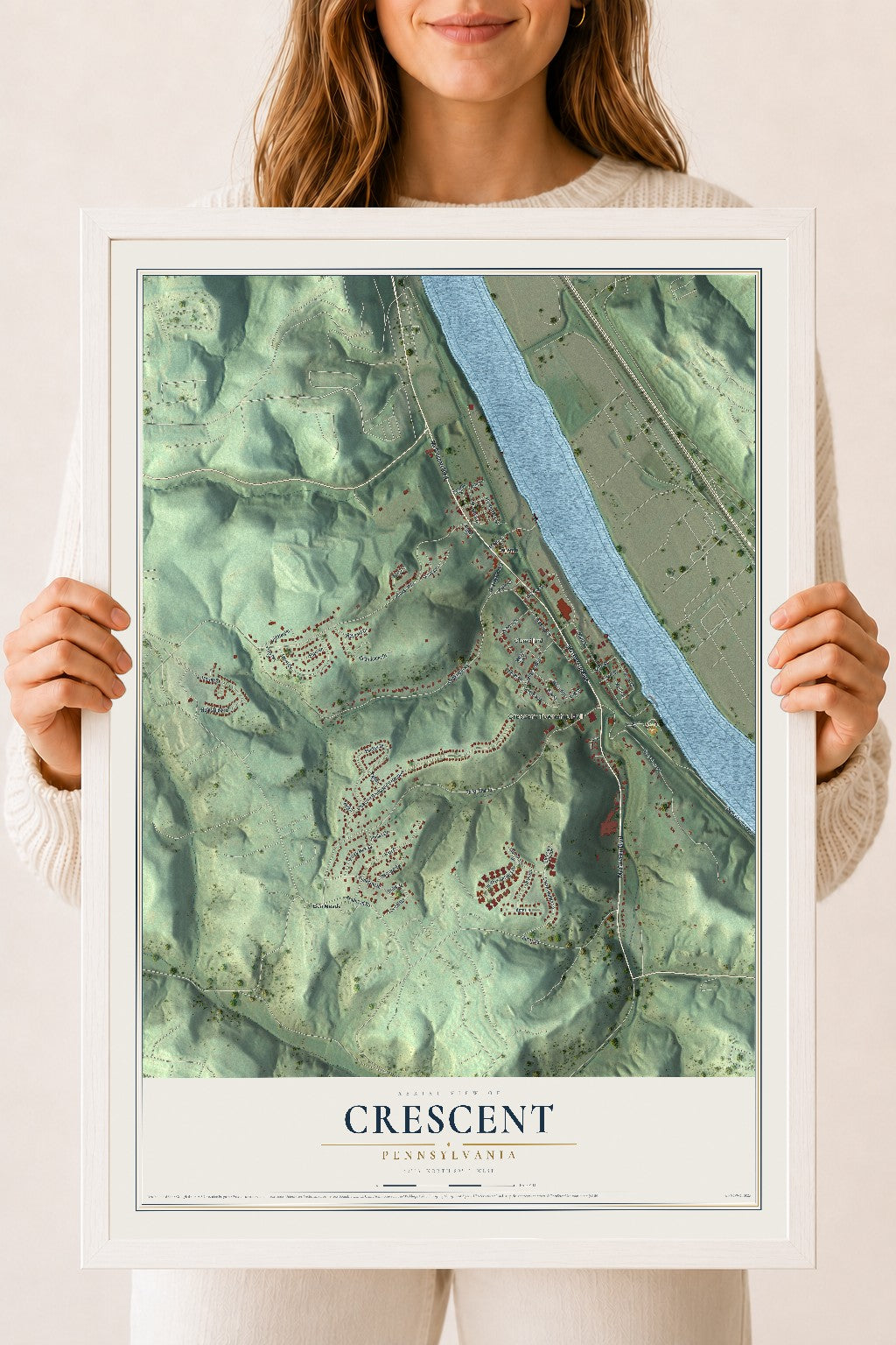 Map of Crescent, Pennsylvania, 18 x 24 inch print in a white wood frame