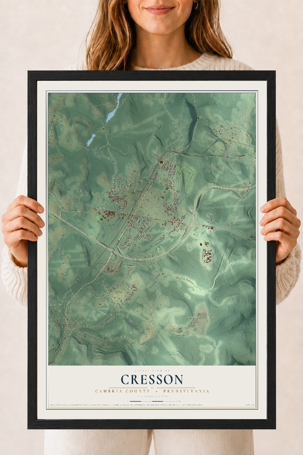Map of Cresson, Cambria County, Pennsylvania, 18 x 24 inch print in a black wood frame