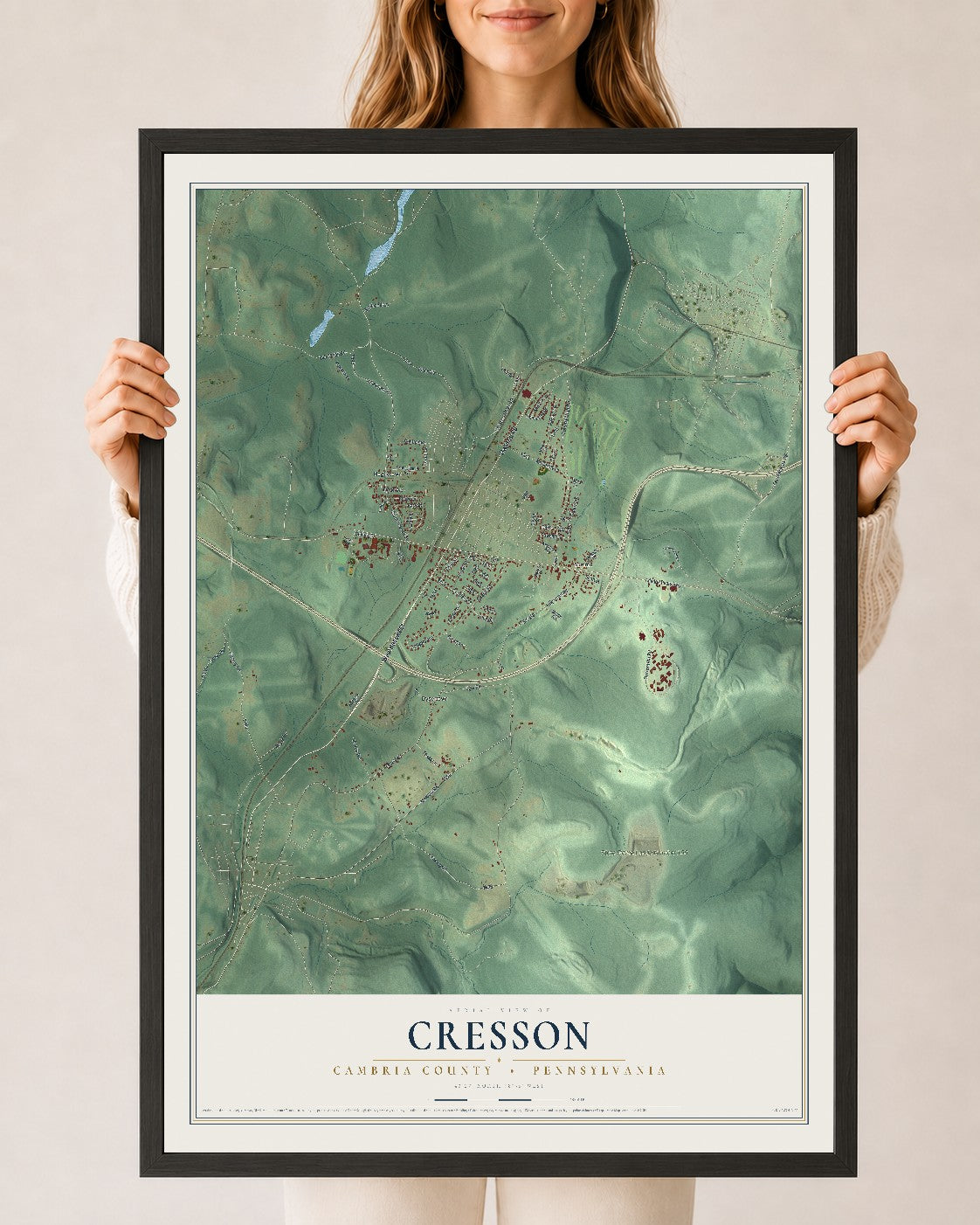 Map of Cresson, Cambria County, Pennsylvania, 24 x 36 inch print in a black wood frame