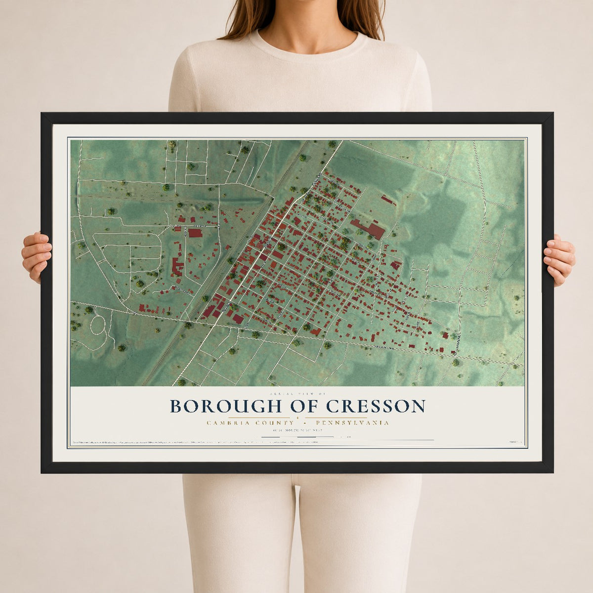 Map of the Borough of Cresson, Cambria County, Pennsylvania, 24 x 36 inch print in a black wood frame
