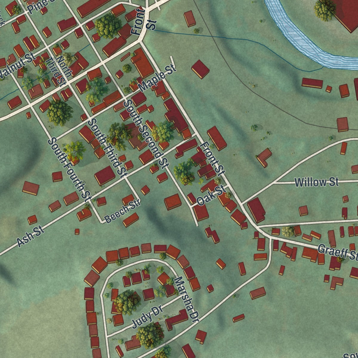 Close-up of the map of Cressona, Pennsylvania print showing street and building detail