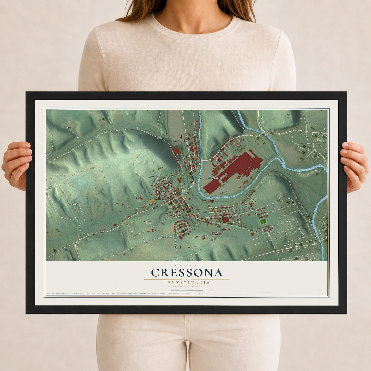 Map of Cressona, Pennsylvania, 12 x 18 inch print in a black wood frame