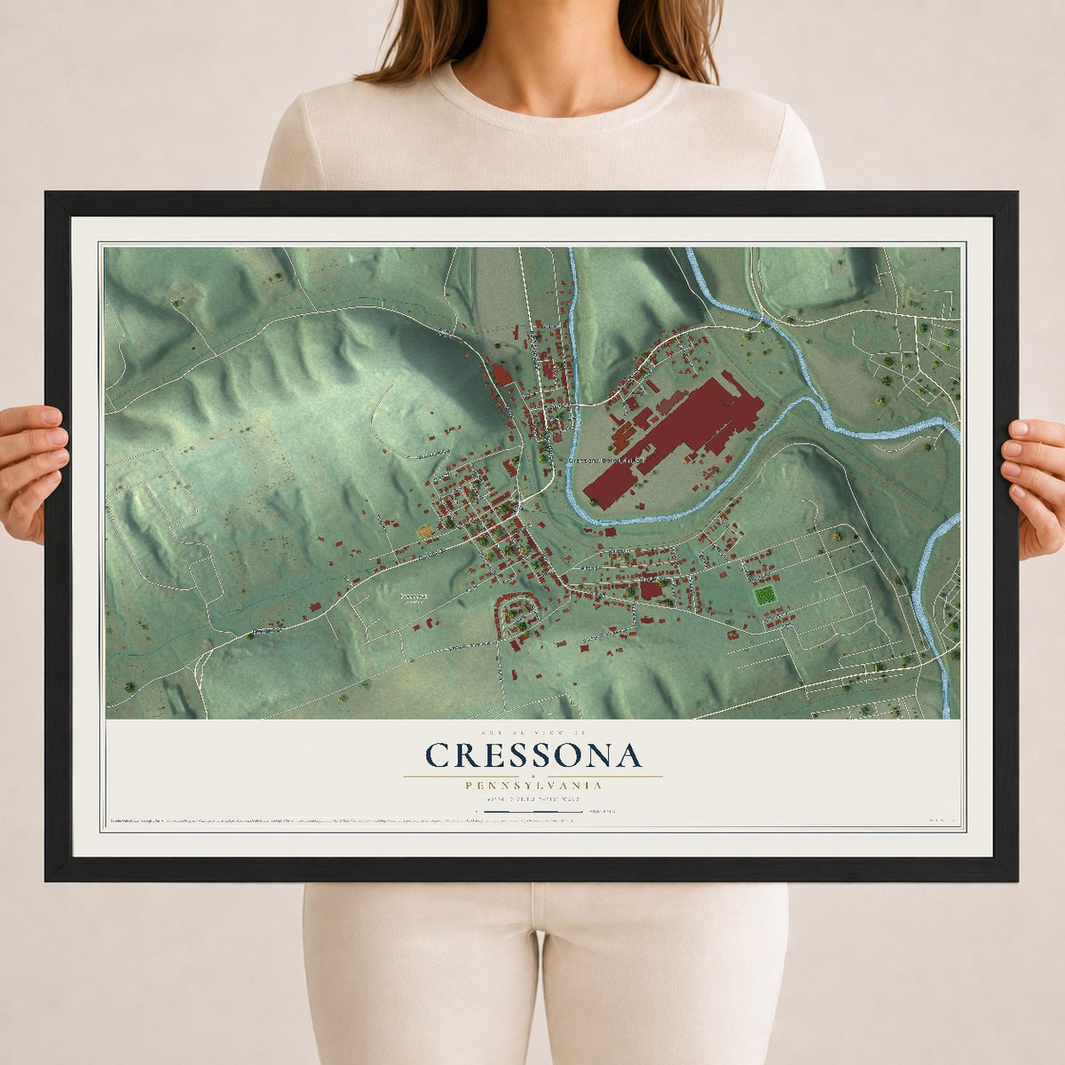 Map of Cressona, Pennsylvania, 18 x 24 inch print in a black wood frame