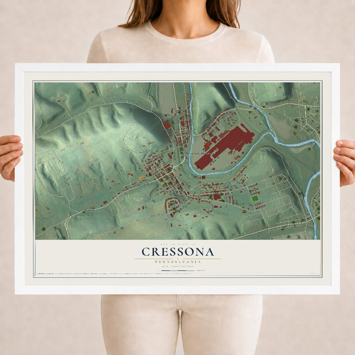 Map of Cressona, Pennsylvania, 18 x 24 inch print in a white wood frame