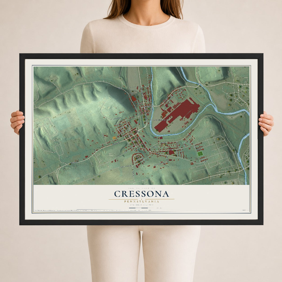 Map of Cressona, Pennsylvania, 24 x 36 inch print in a black wood frame