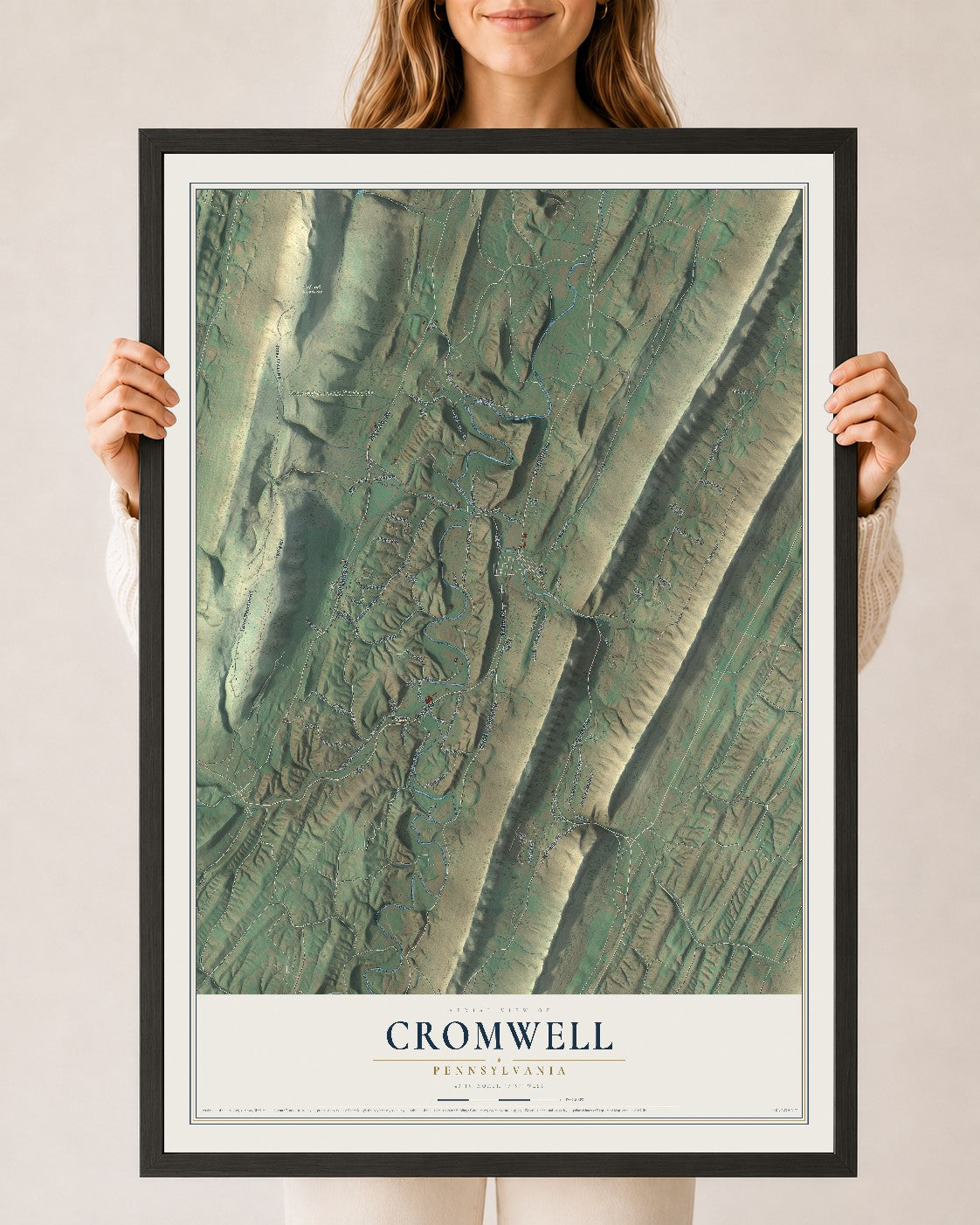 Map of Cromwell, Pennsylvania, 24 x 36 inch print in a black wood frame
