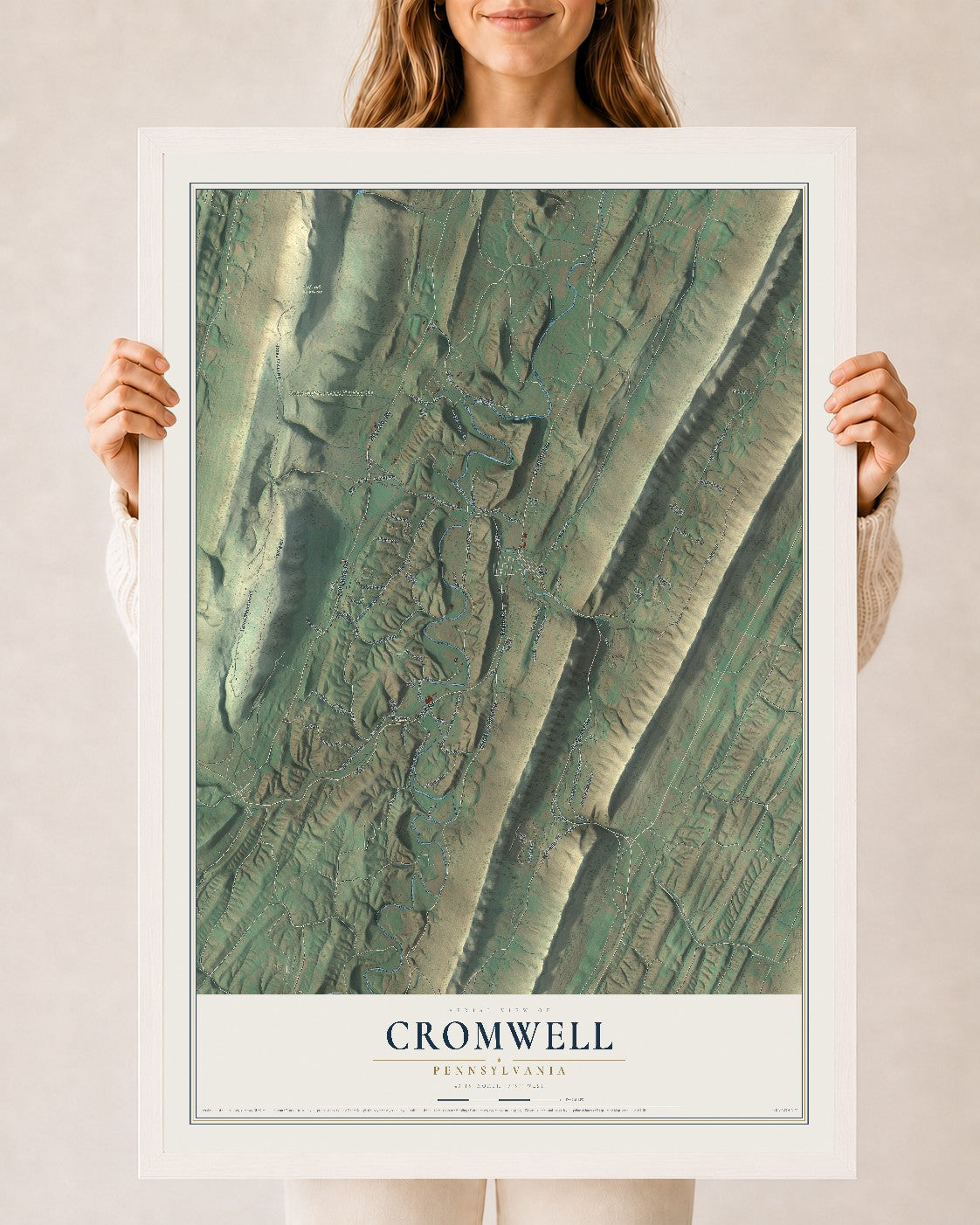 Map of Cromwell, Pennsylvania, 24 x 36 inch print in a white wood frame