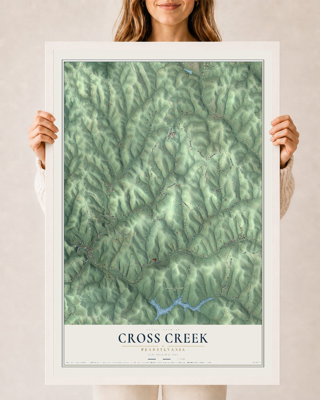 Map of Cross Creek, Pennsylvania, 24 x 36 inch print in a white wood frame