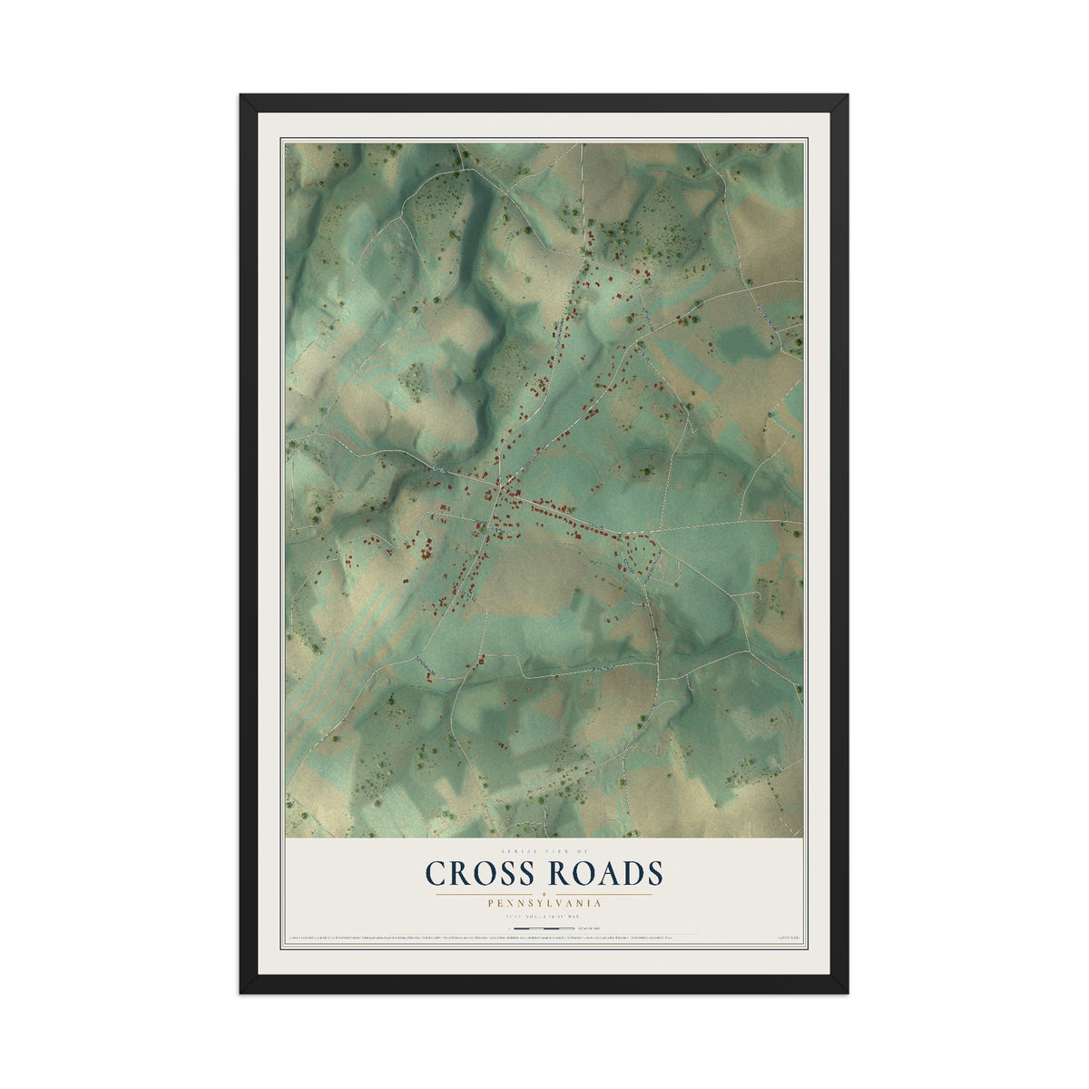 Map of Cross Roads, Pennsylvania, 12 x 18 inch print in a black wood frame