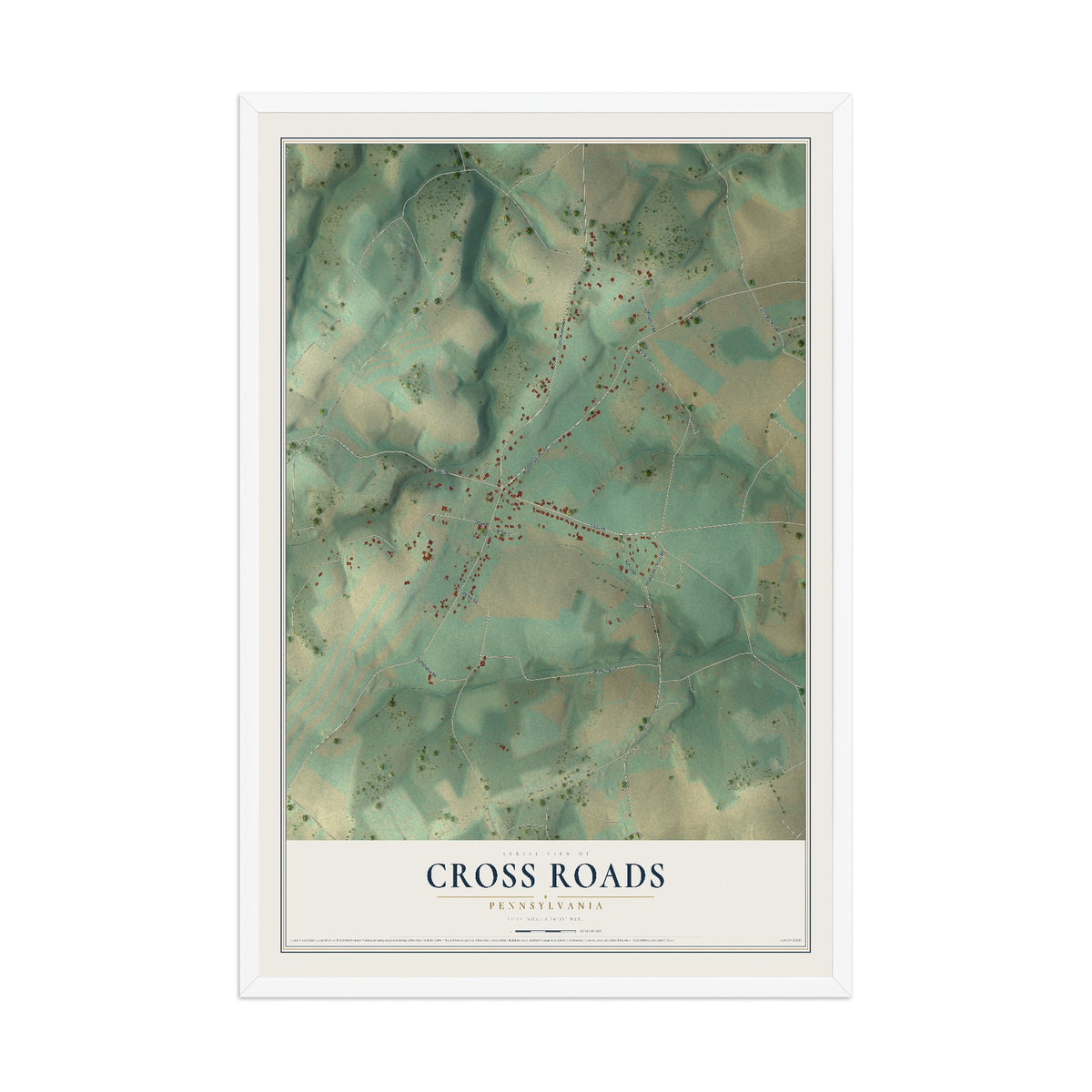 Map of Cross Roads, Pennsylvania, 12 x 18 inch print in a white wood frame
