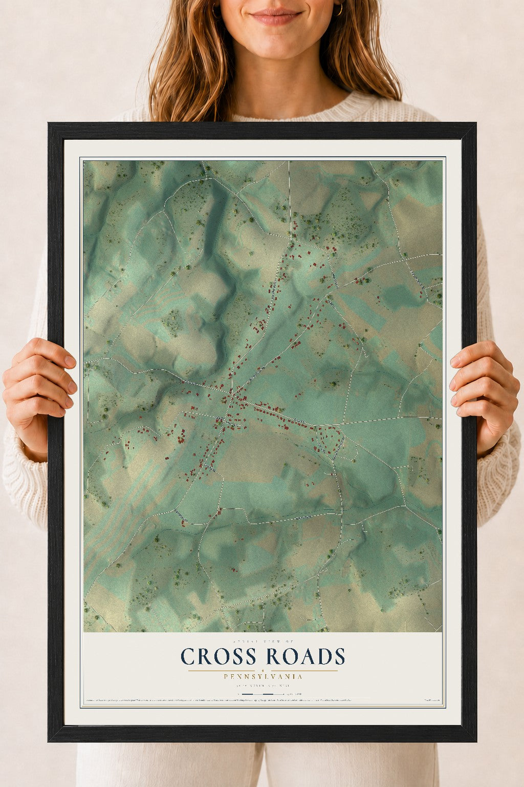 Map of Cross Roads, Pennsylvania, 18 x 24 inch print in a black wood frame