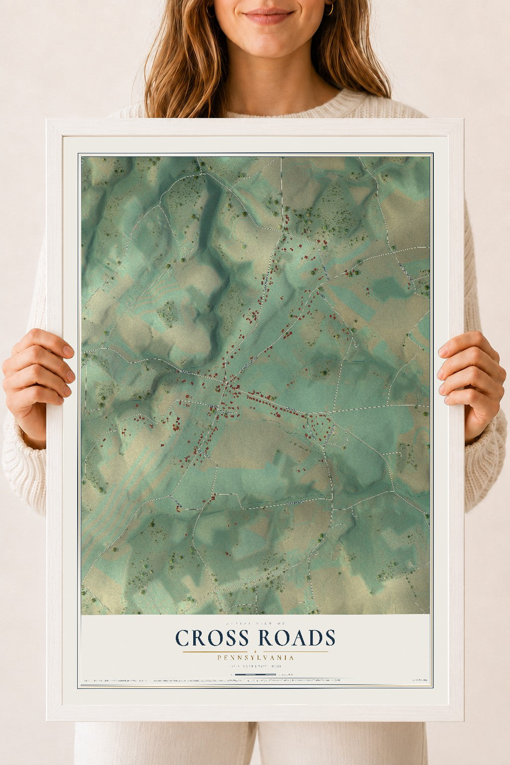 Map of Cross Roads, Pennsylvania, 18 x 24 inch print in a white wood frame
