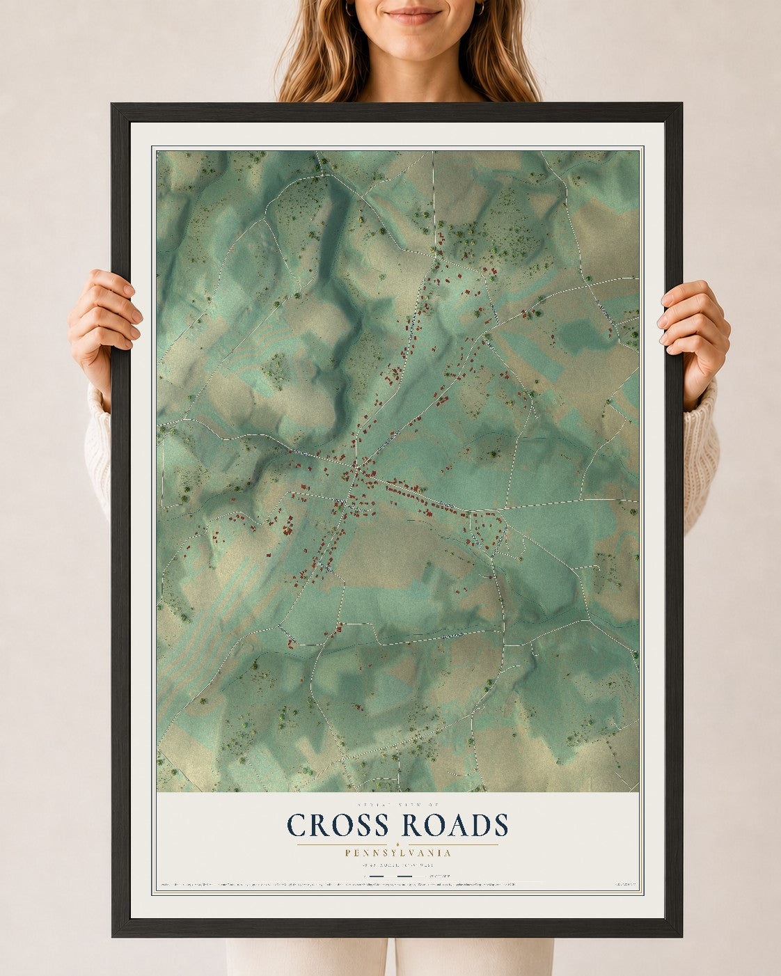 Map of Cross Roads, Pennsylvania, 24 x 36 inch print in a black wood frame
