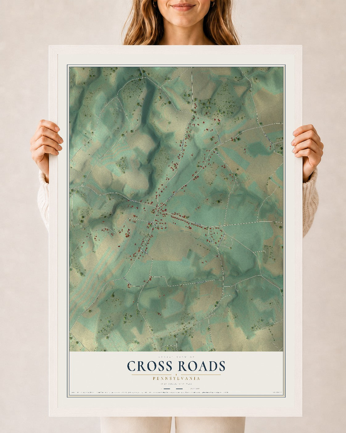 Map of Cross Roads, Pennsylvania, 24 x 36 inch print in a white wood frame