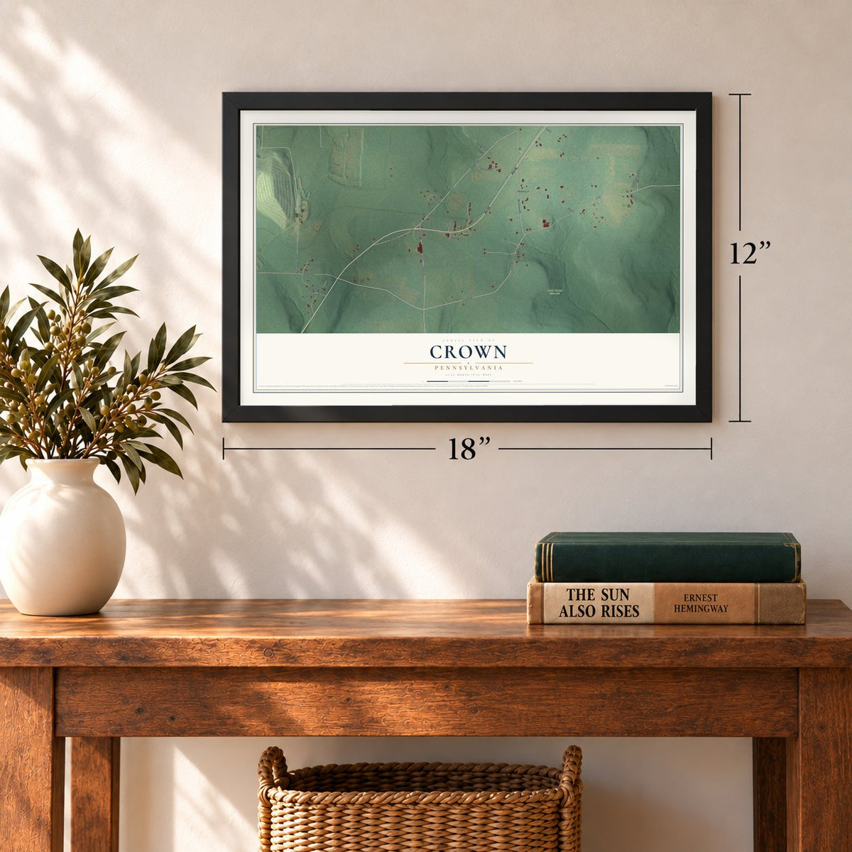 Crown, Pennsylvania map, 12 x 18 inch print in a black frame in an entryway