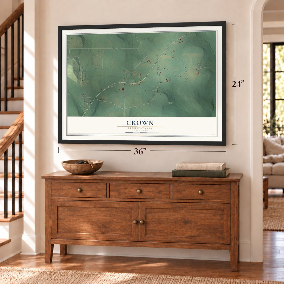 Crown, Pennsylvania map, 24 x 36 inch print in a black frame above a dresser by a staircase