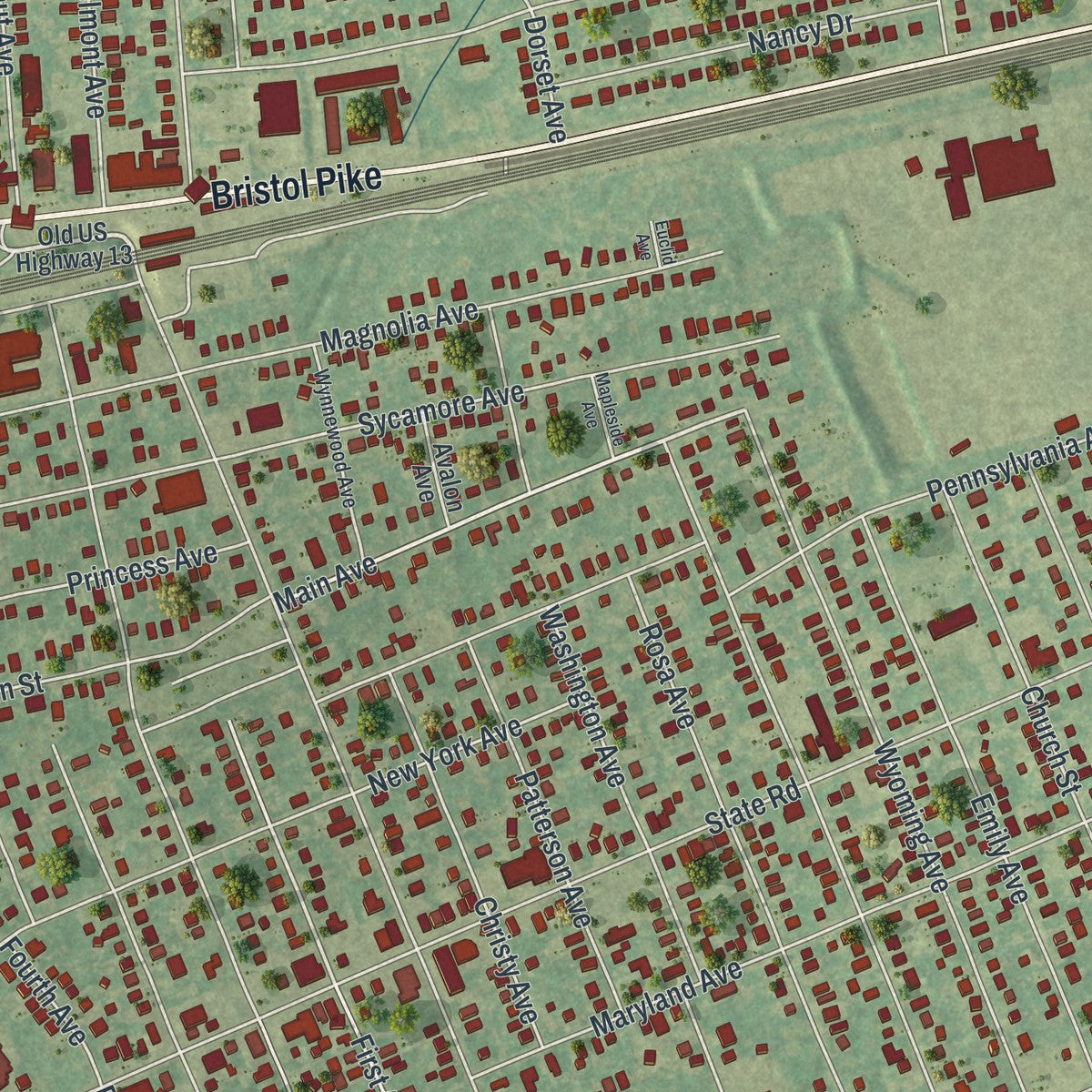 Close-up of the map of Croydon, Pennsylvania print showing street and building detail