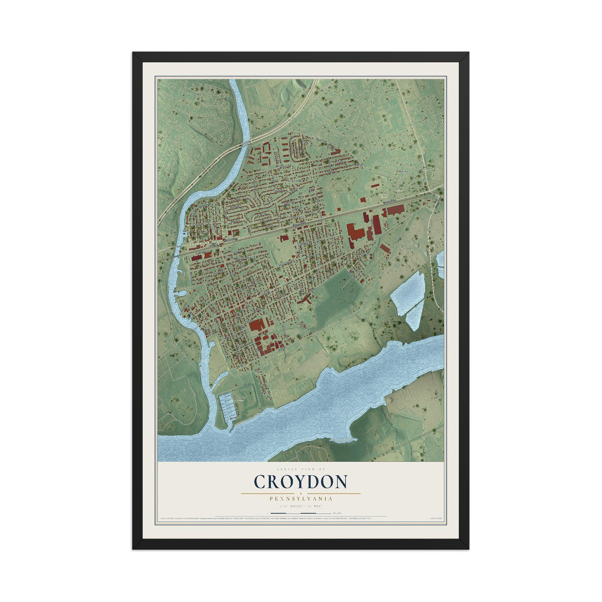 Map of Croydon, Pennsylvania, 12 x 18 inch print in a black wood frame