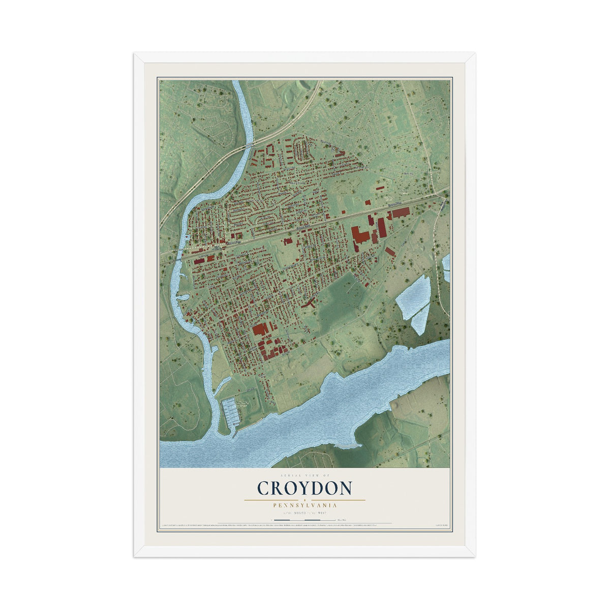 Map of Croydon, Pennsylvania, 12 x 18 inch print in a white wood frame