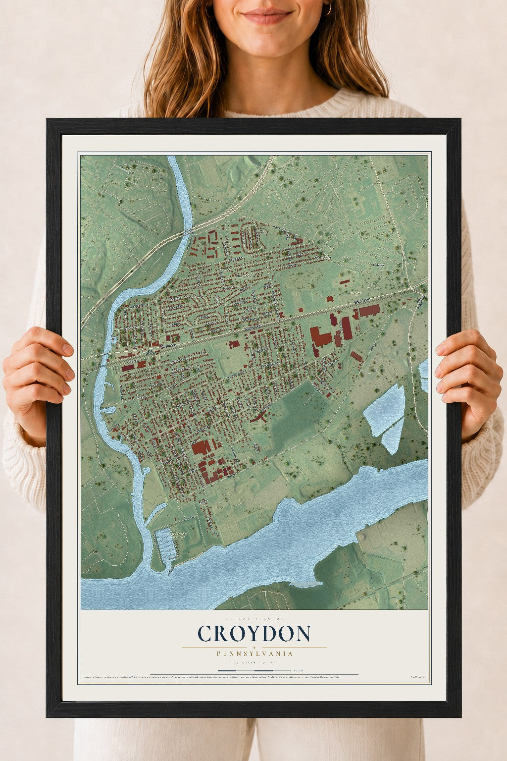 Map of Croydon, Pennsylvania, 18 x 24 inch print in a black wood frame