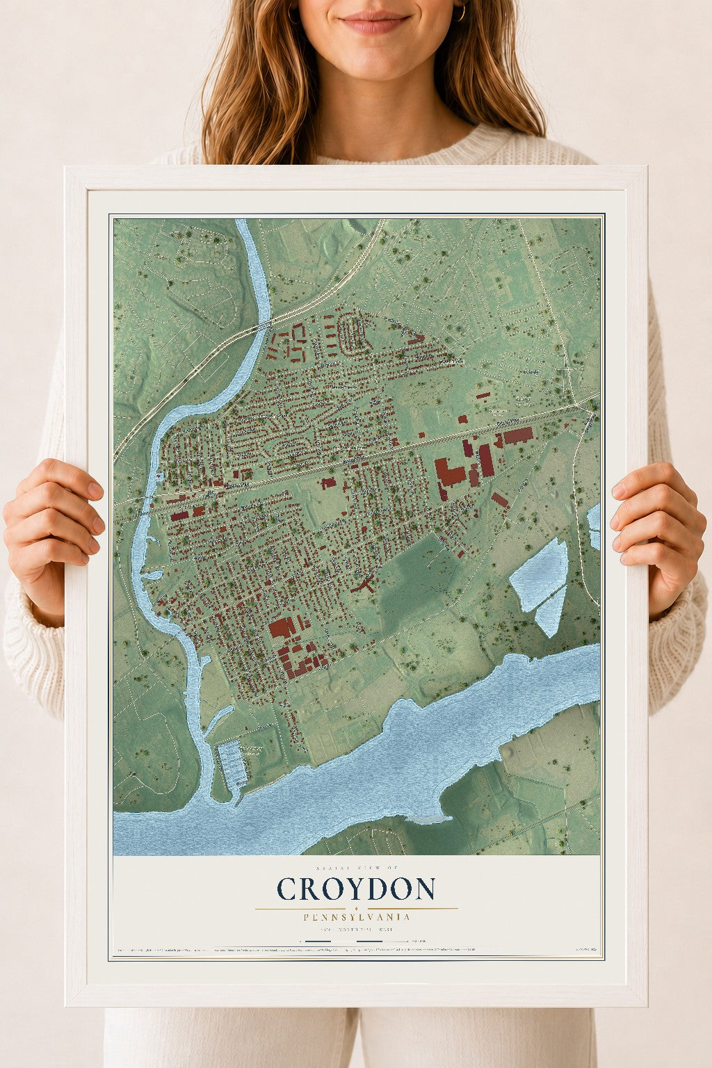 Map of Croydon, Pennsylvania, 18 x 24 inch print in a white wood frame