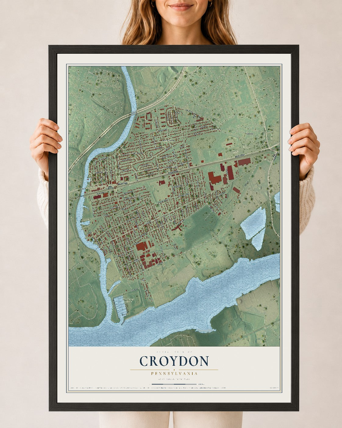 Map of Croydon, Pennsylvania, 24 x 36 inch print in a black wood frame