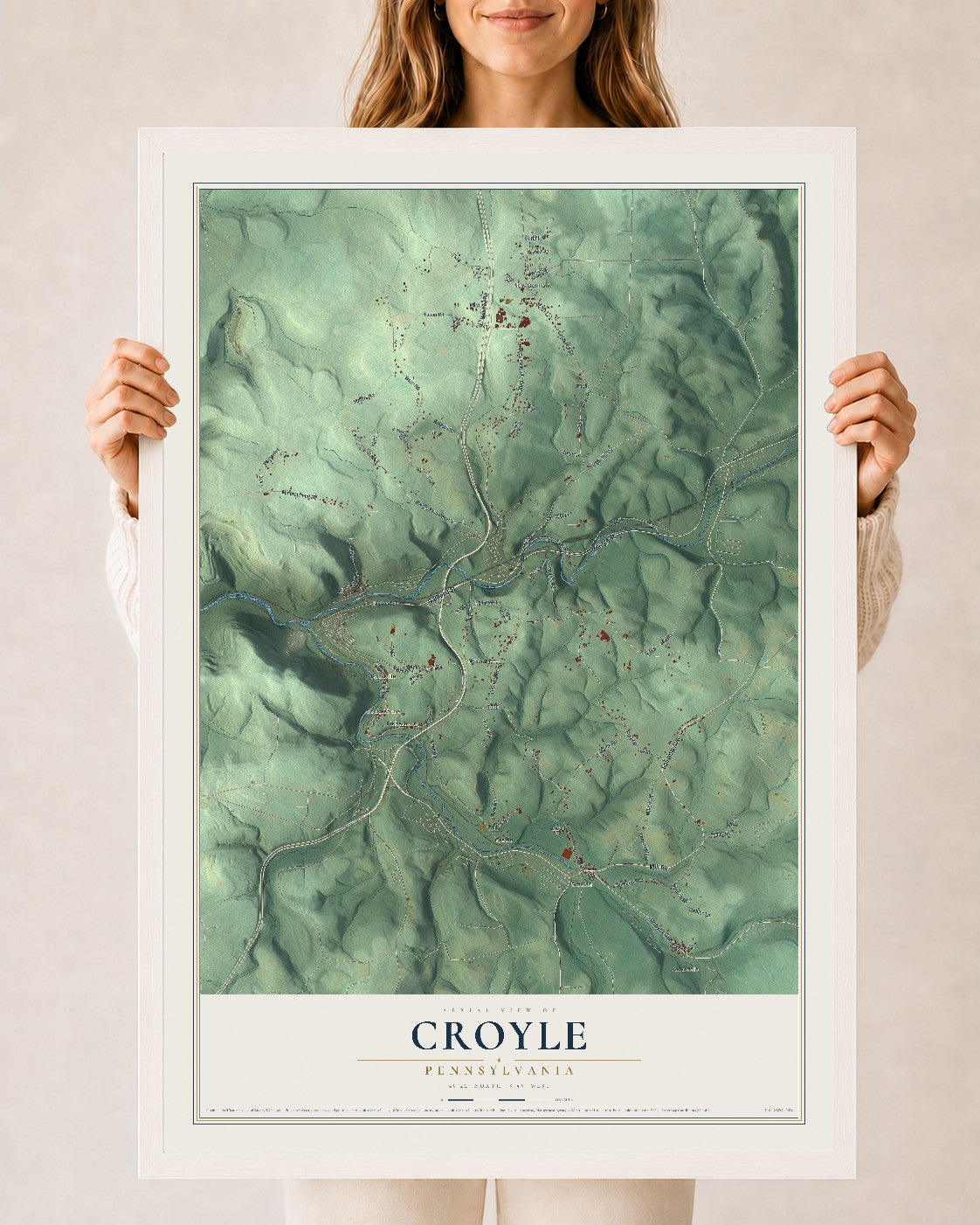 Map of Croyle, Pennsylvania, 24 x 36 inch print in a white wood frame