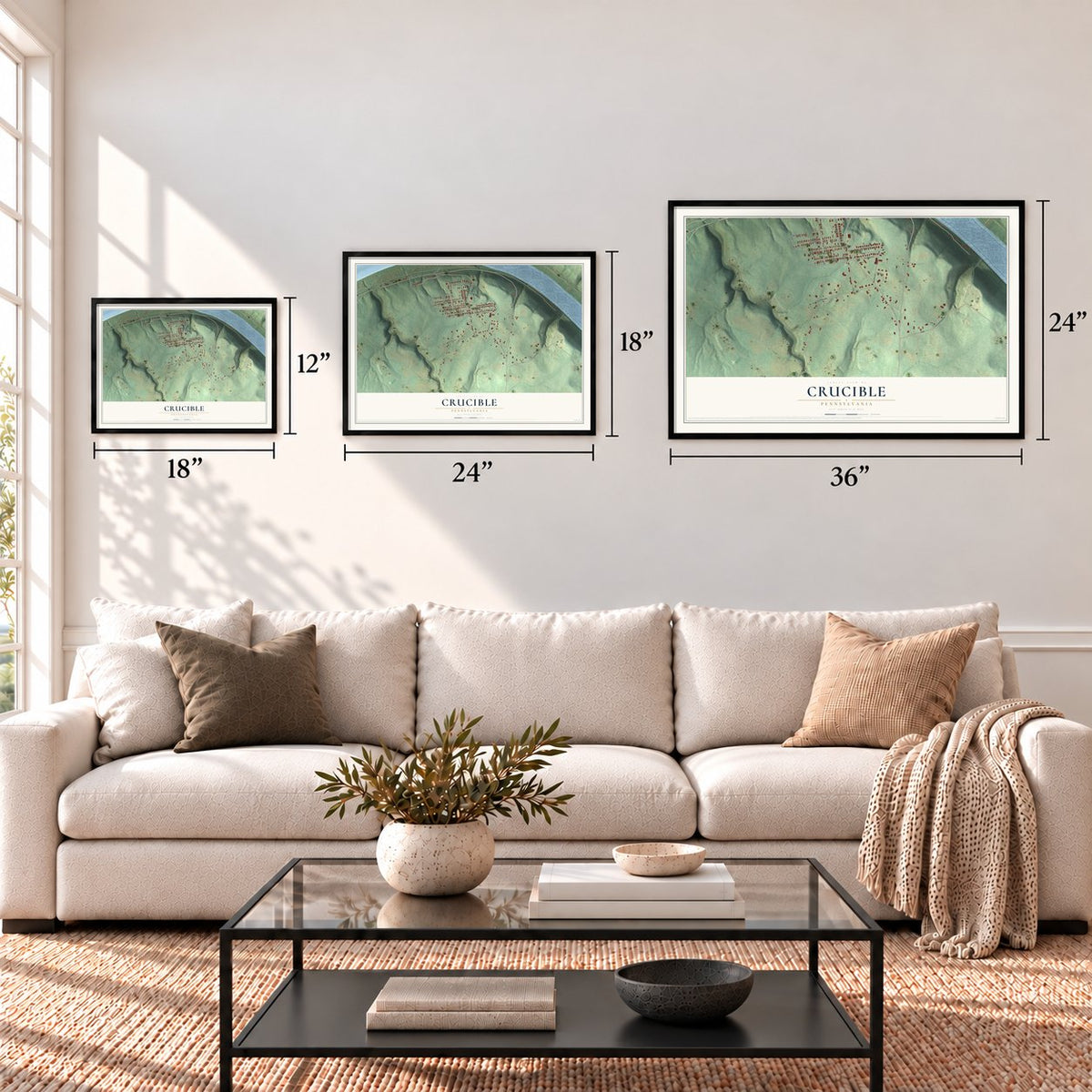 Crucible, Pennsylvania map in 12 x 18, 18 x 24 and 24 x 36 inch sizes above a sofa
