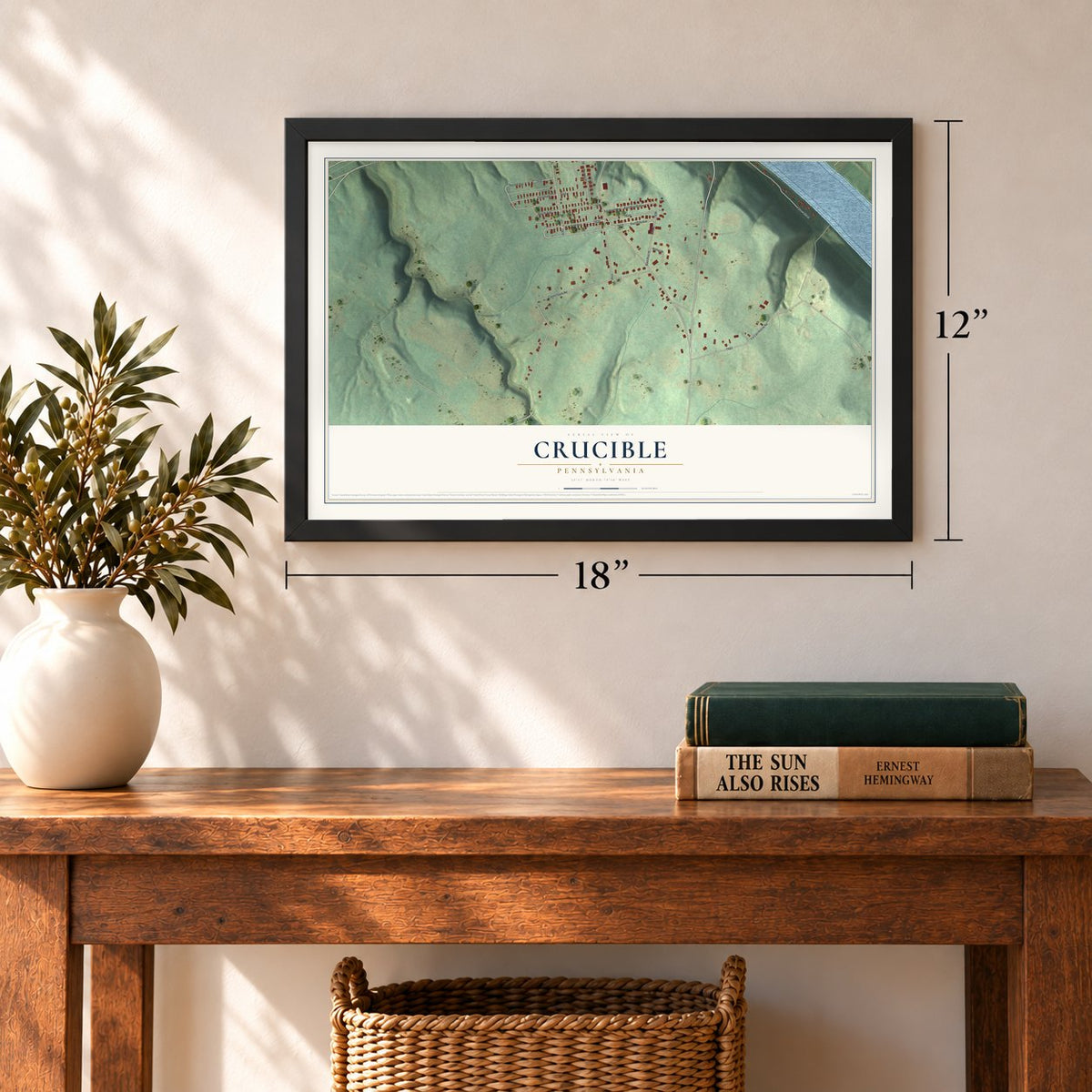 Crucible, Pennsylvania map, 12 x 18 inch print in a black frame in an entryway