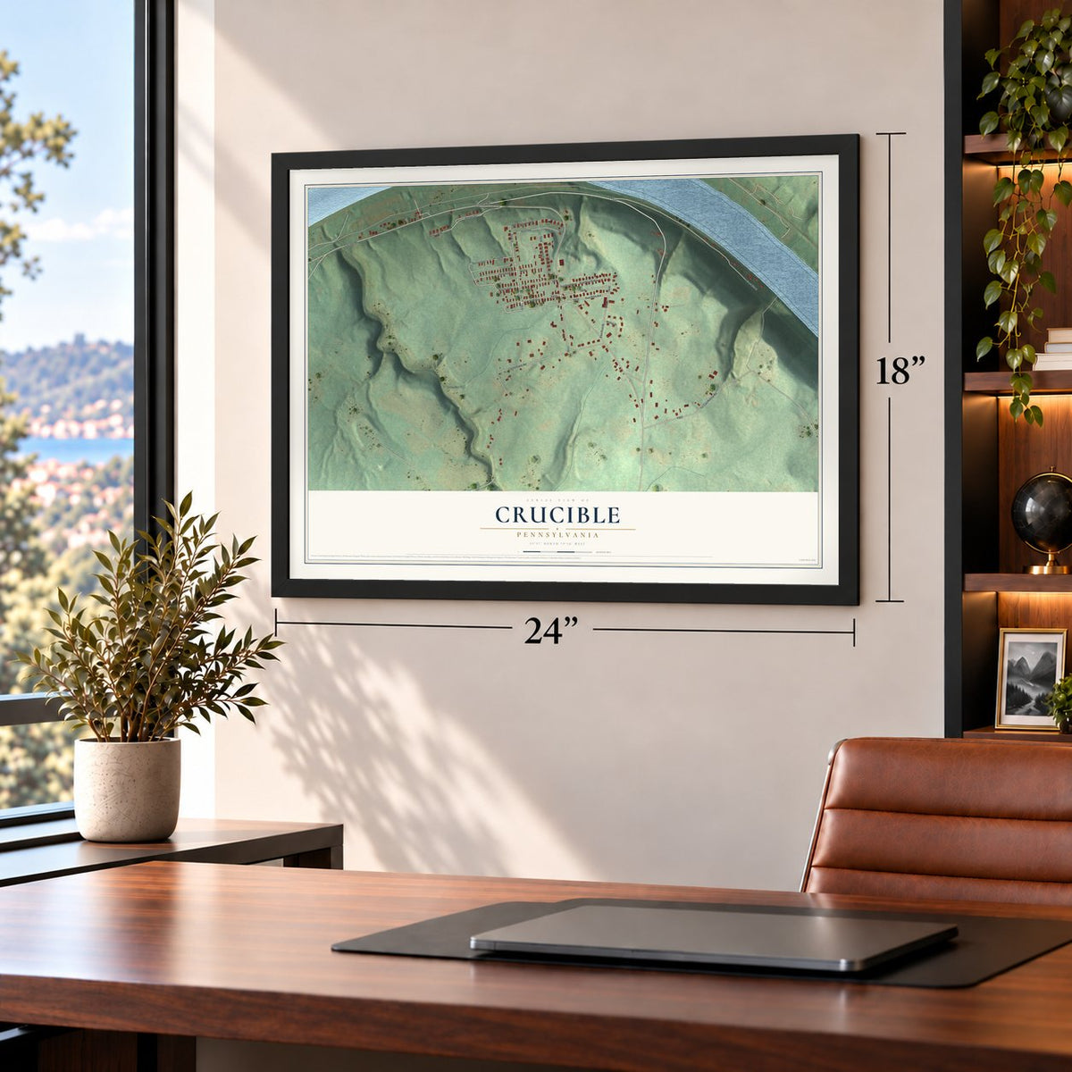 Crucible, Pennsylvania map, 18 x 24 inch print in a black frame in a home office