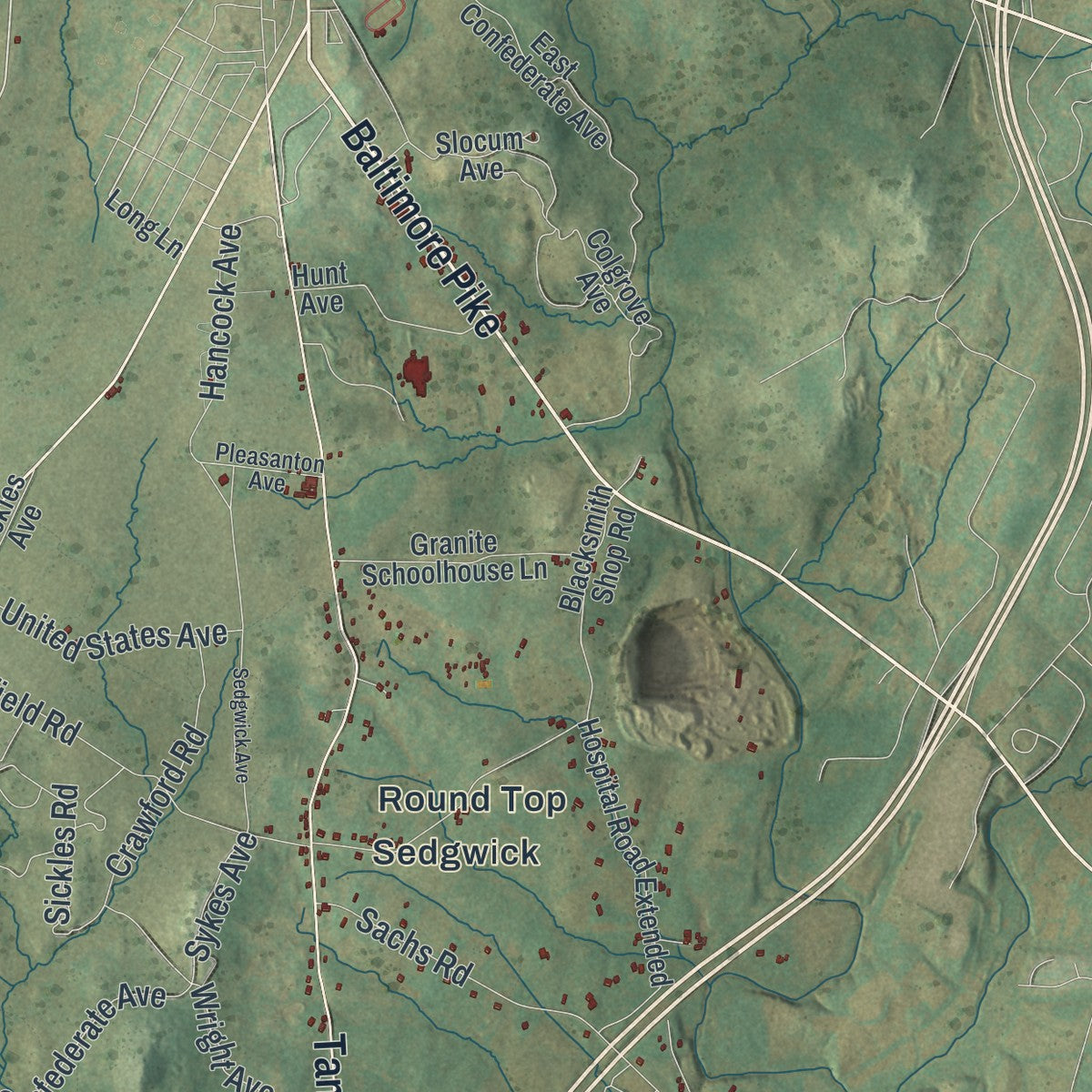 Second close-up of the map of Cumberland, Adams County, Pennsylvania print showing more streets and buildings