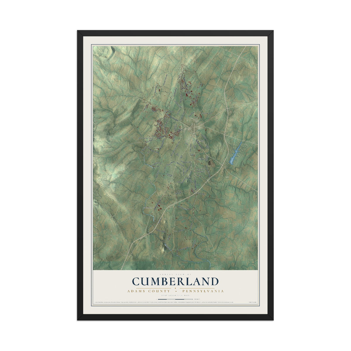 Map of Cumberland, Adams County, Pennsylvania, 12 x 18 inch print in a black wood frame